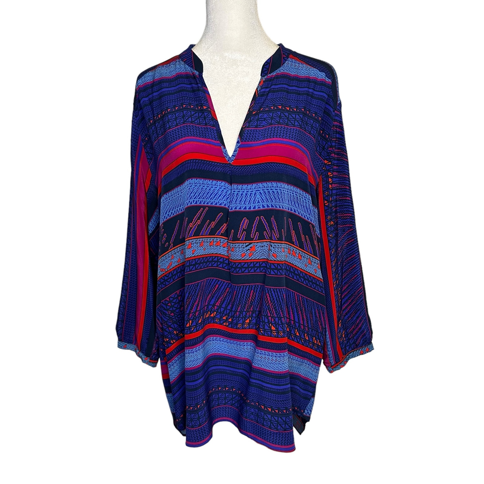 Amanda Uprichard Blue, Red & Purple Striped Pattern Long Sleeve Tunic Top Size M